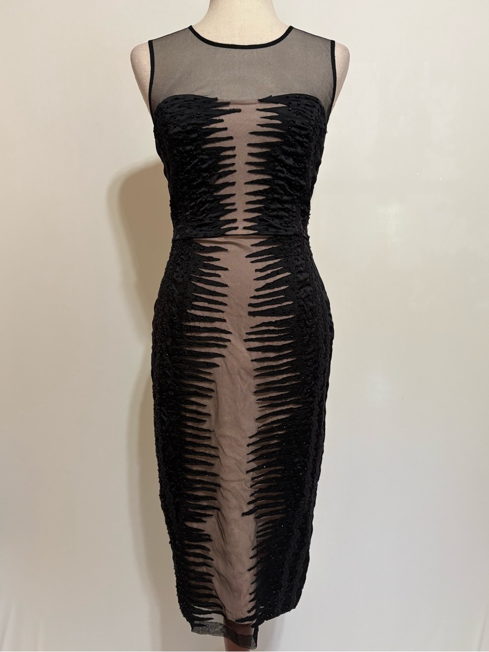 French Connection Sheer Black Beaded Satin Cocktail Dress Size 6